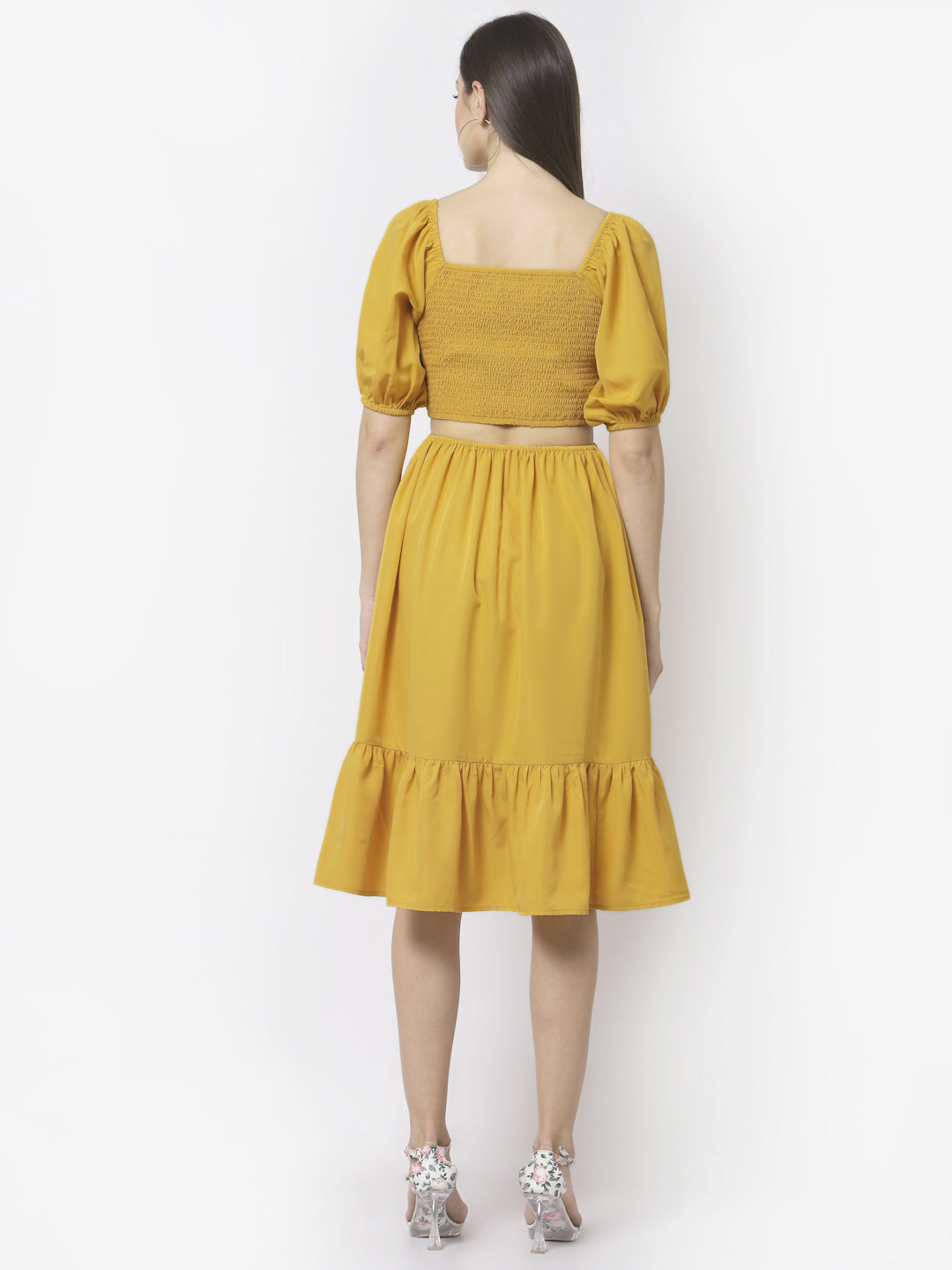 Blanc9 Yellow Cut-out Flared Dress-B9DR82