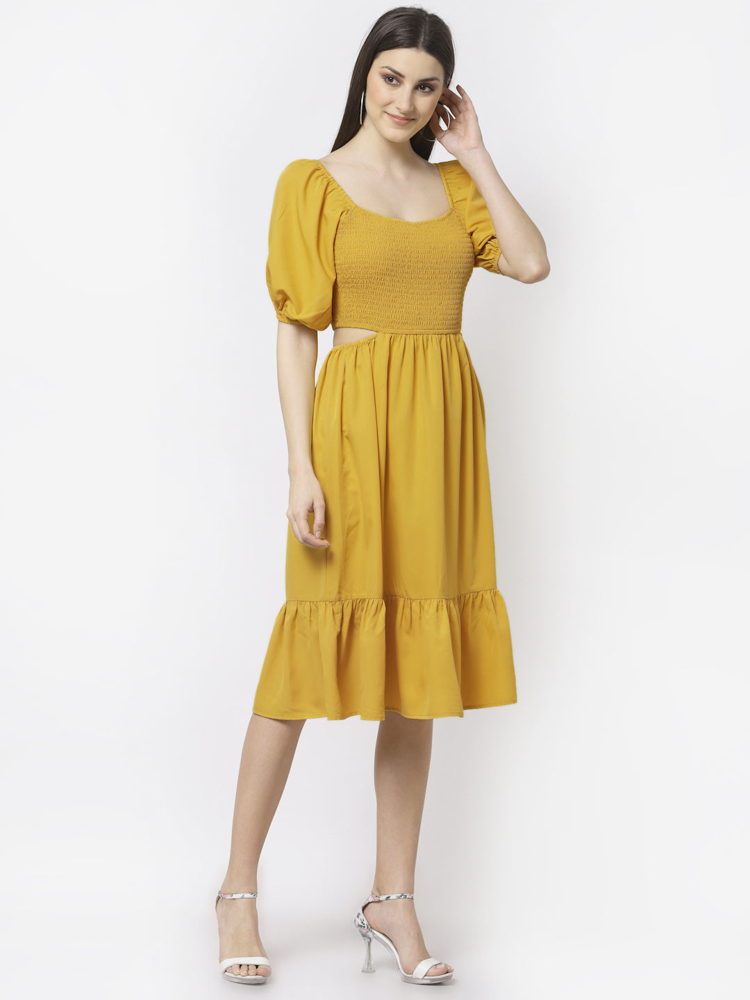 Blanc9 Yellow Cut-out Flared Dress-B9DR82