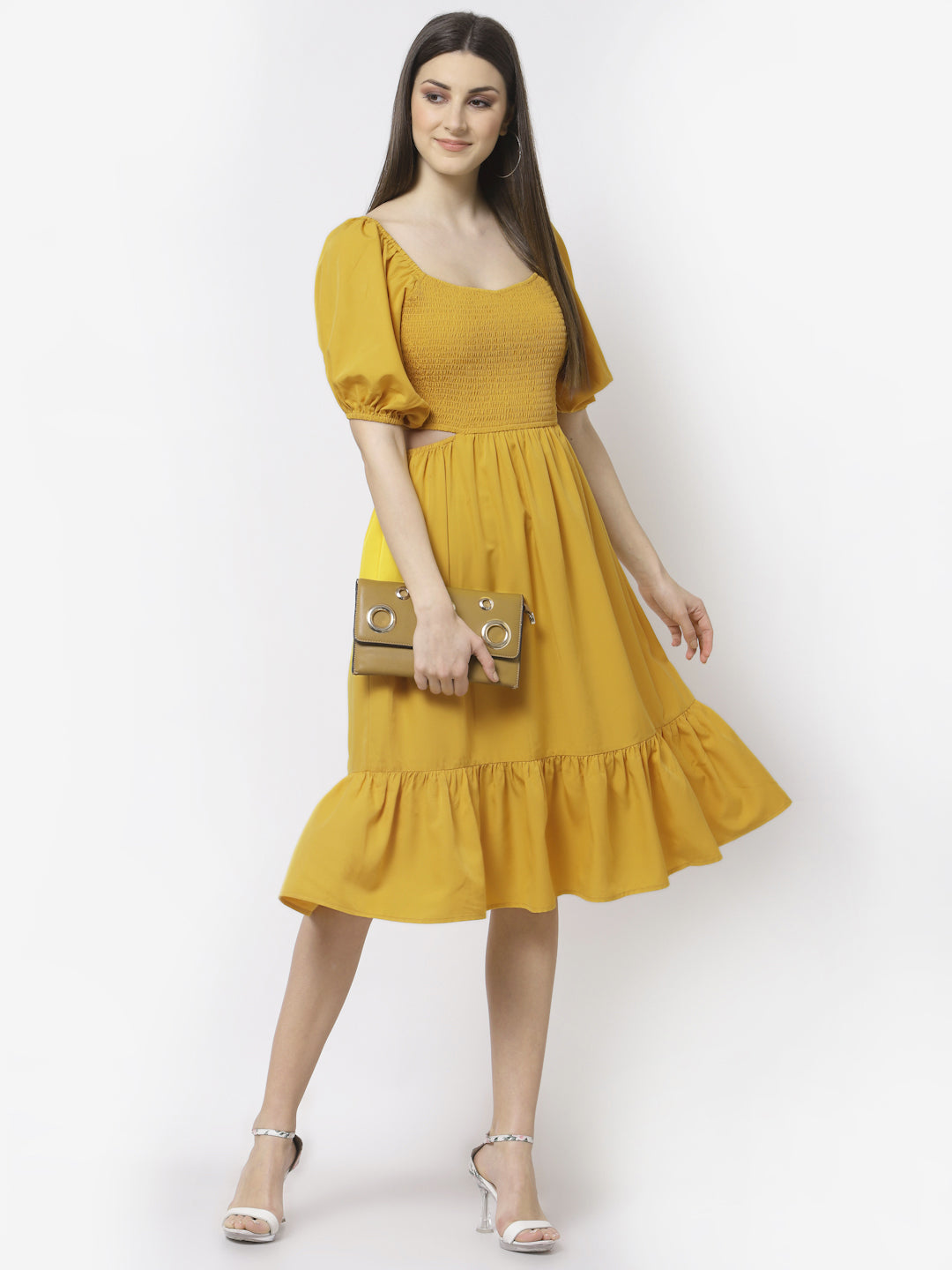 Blanc9 Yellow Cut-out Flared Dress-B9DR82