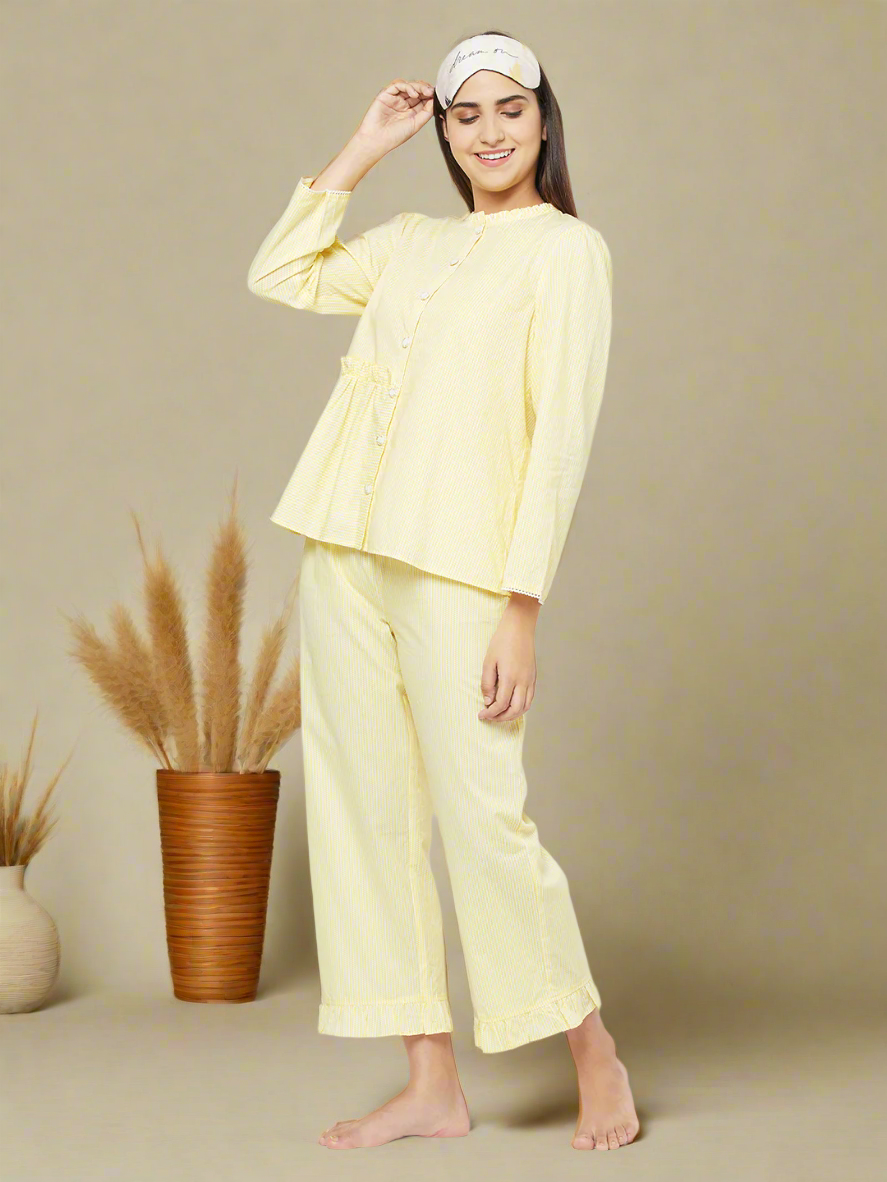 Yellow One Side Frilled Pyjama Set