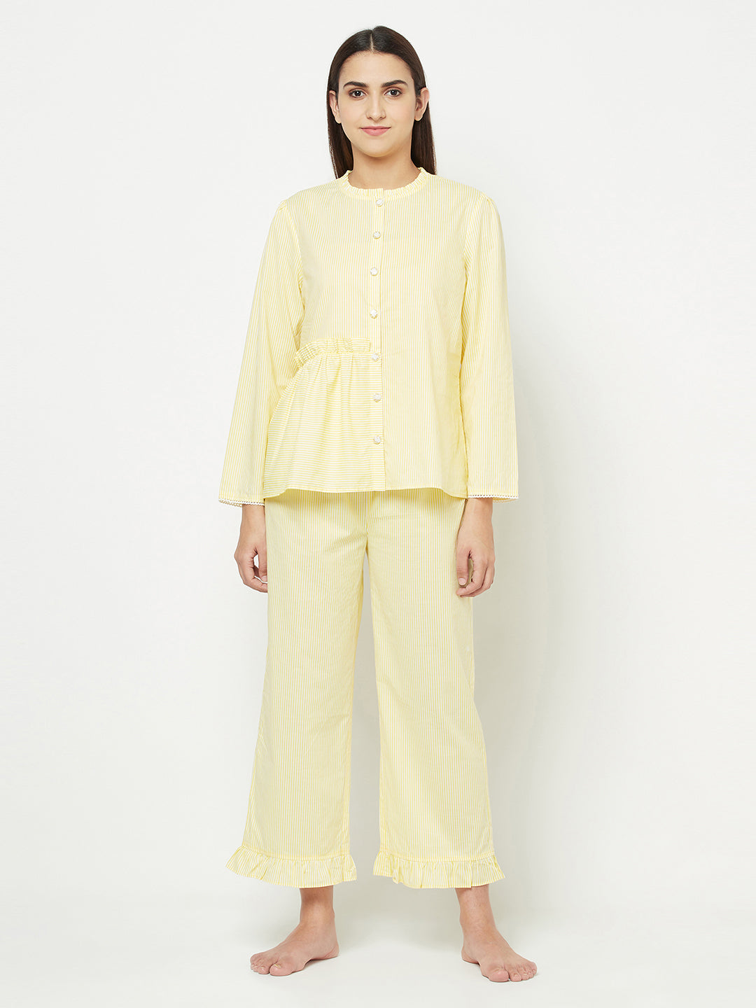 Blanc9 Yellow One Side Frilled Pyjama Set-B9NW28