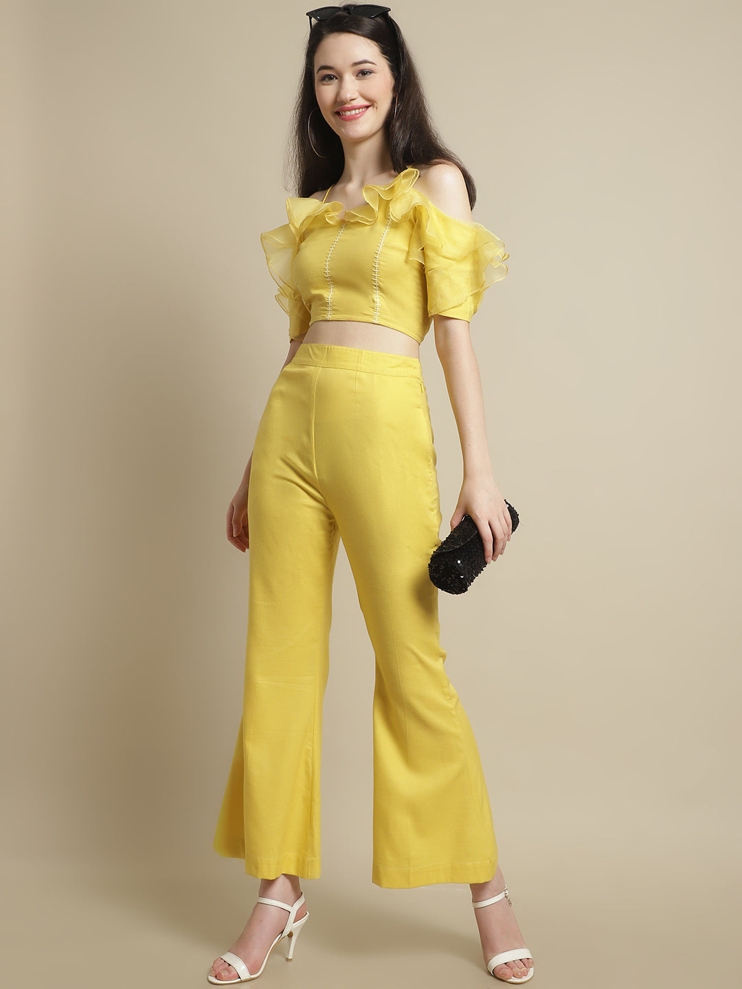 Blanc9 Yellow Organza Frill Crop Top With Trouser-B9ST120