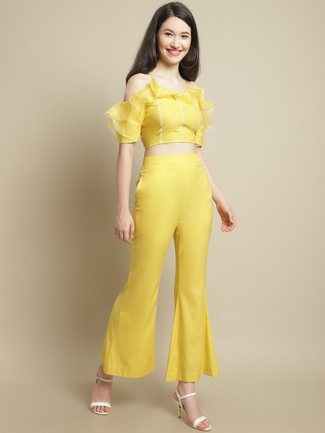 Blanc9 Yellow Organza Frill Crop Top With Trouser-B9ST120