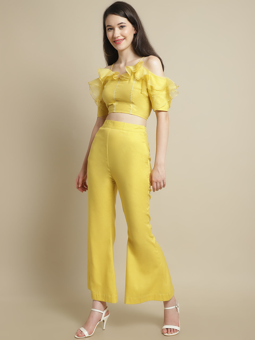 Blanc9 Yellow Organza Frill Crop Top With Trouser-B9ST120