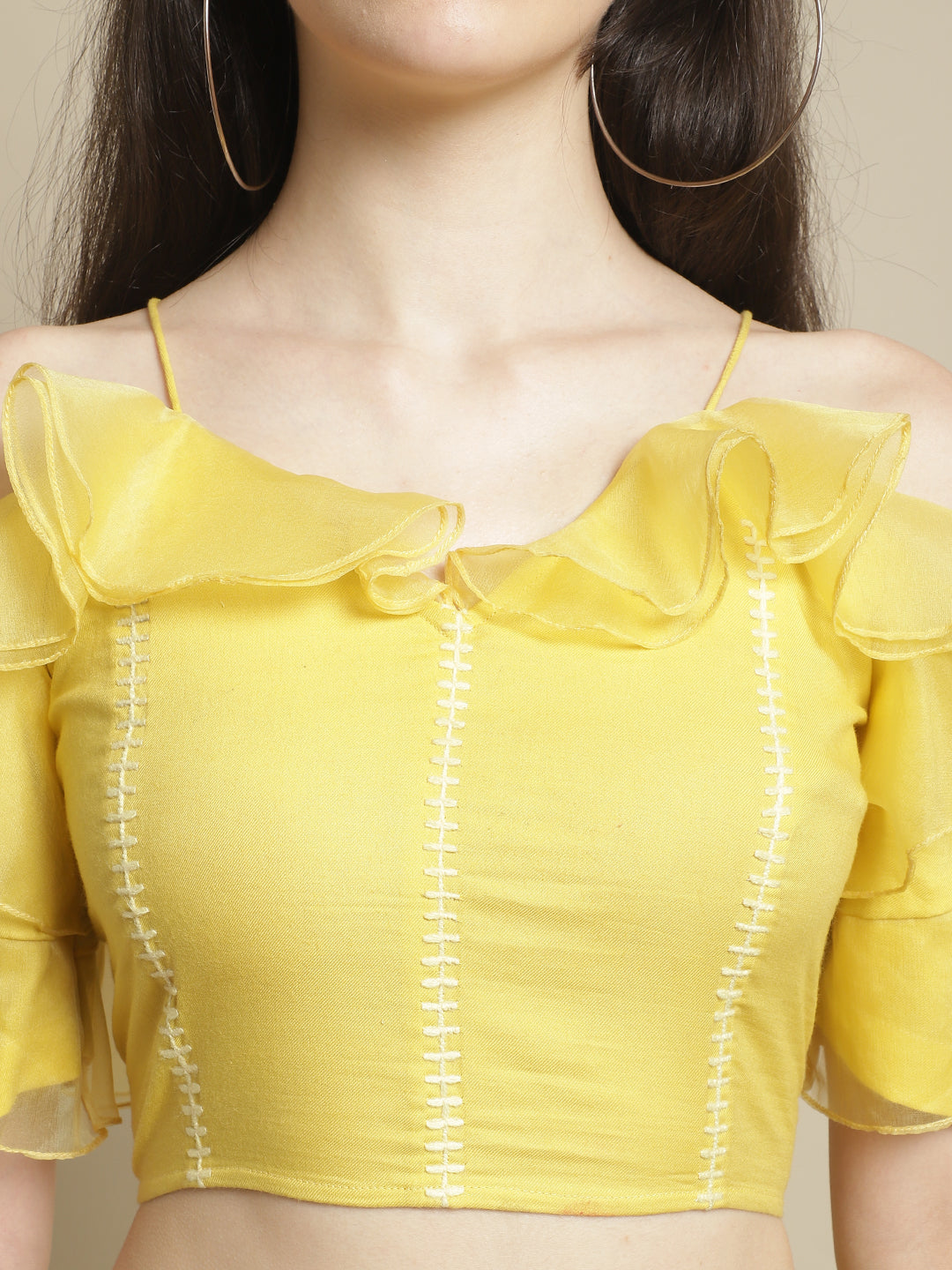 Blanc9 Yellow Organza Frill Crop Top With Trouser-B9ST120