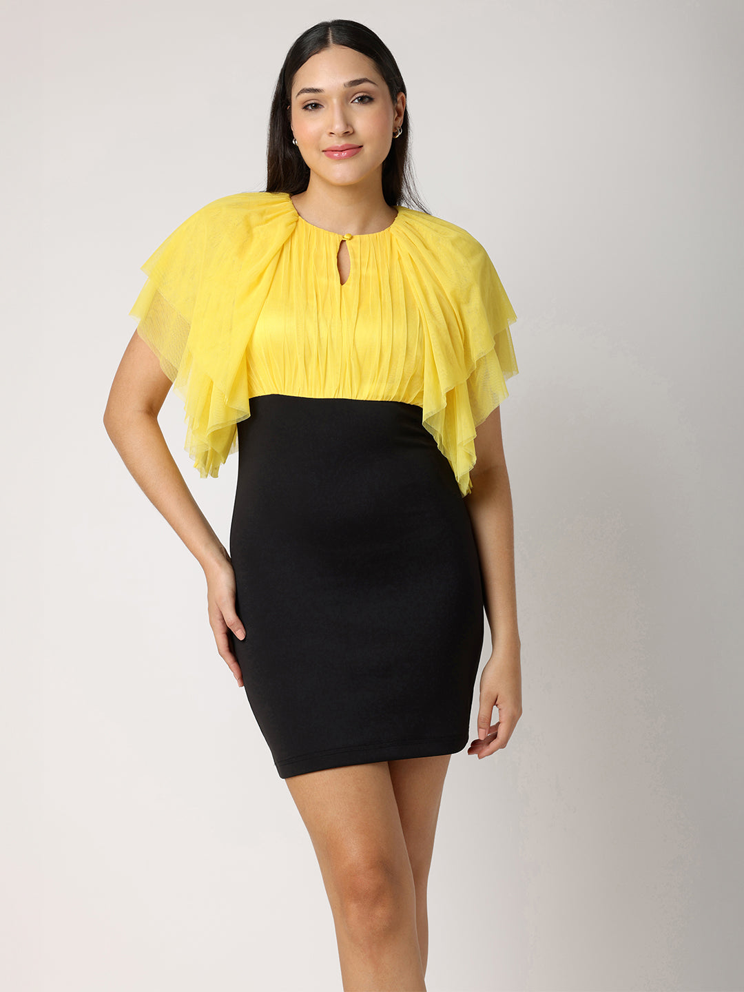 Blanc9 Yellow Party Dress with Flutter Sleeves