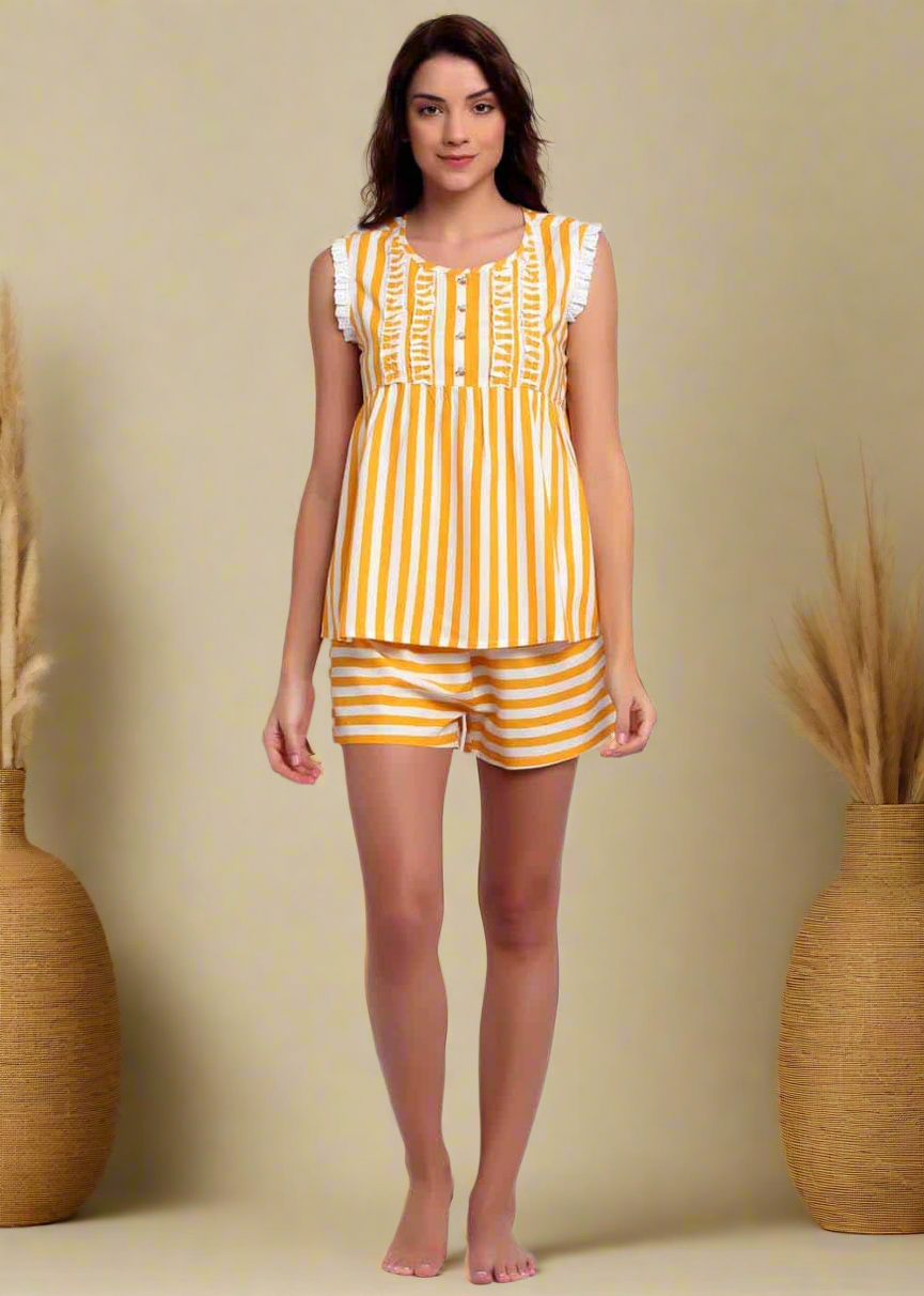 Yellow Striper Shorts Set Night Wear