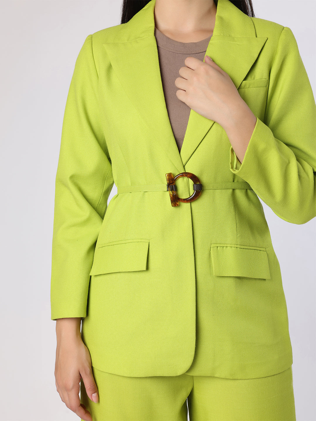 Blanc9 Bright Lime Green Blazer Set with Belt