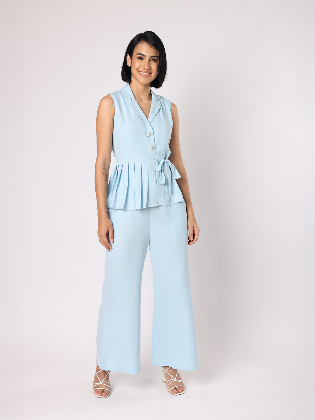 Blanc9 Women  Blue Collar Top With One Side Pleating Co-Ordinated With Trousers