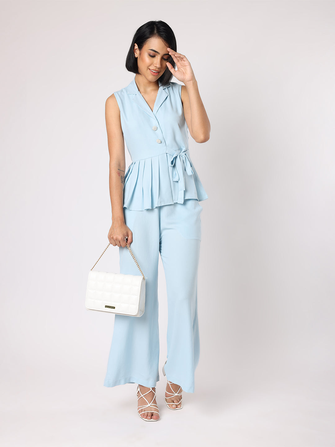 Blanc9 Women  Blue Collar Top With One Side Pleating Co-Ordinated With Trousers