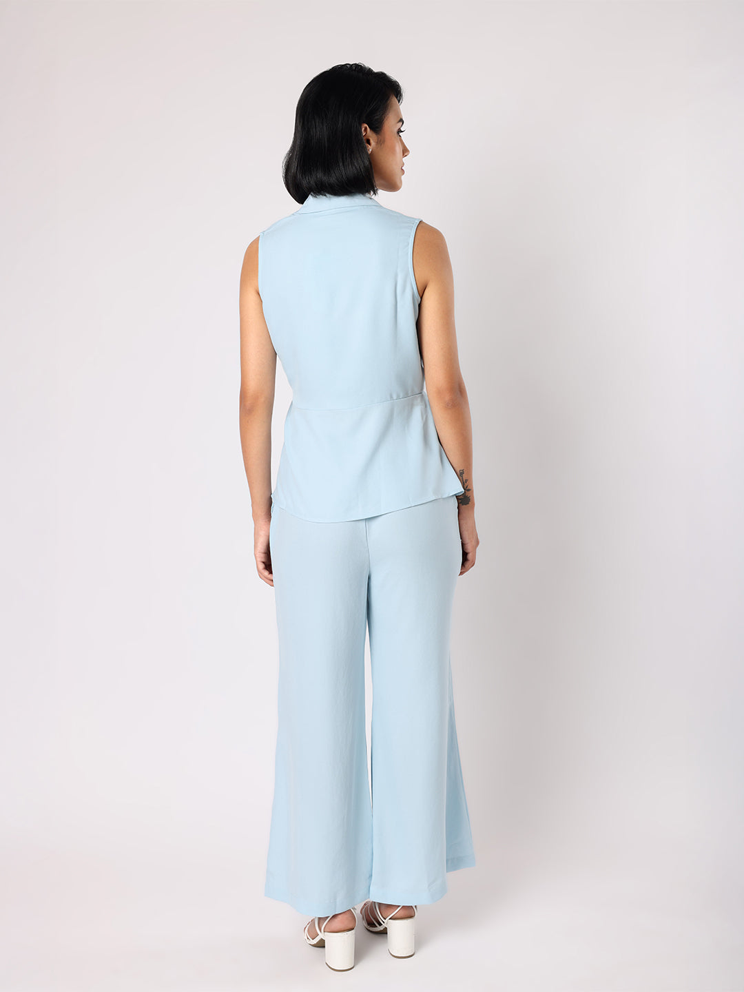 Blanc9 Women Blue Collar Top With One Side Pleating Co-Ordinated With Trousers
