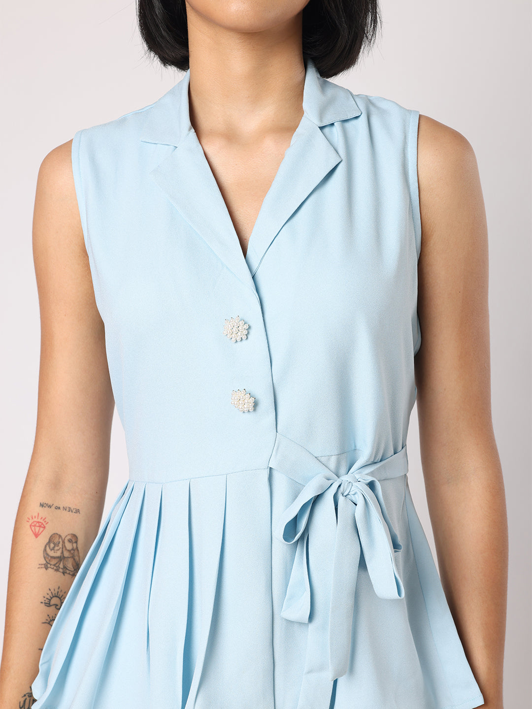 Blanc9 Women Blue Collar Top With One Side Pleating Co-Ordinated With Trousers