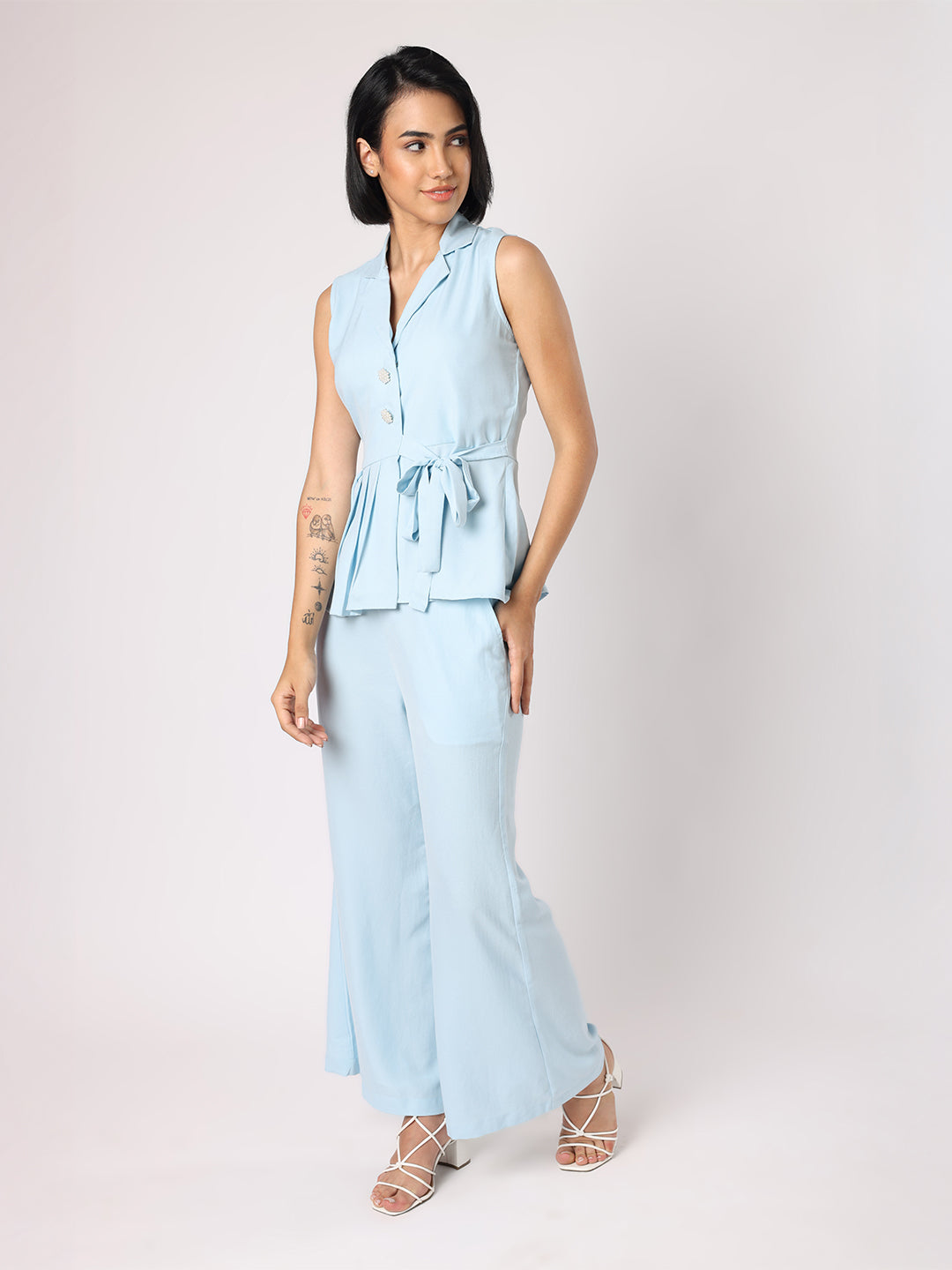 Blanc9 Women Blue Collar Top With One Side Pleating Co-Ordinated With Trousers