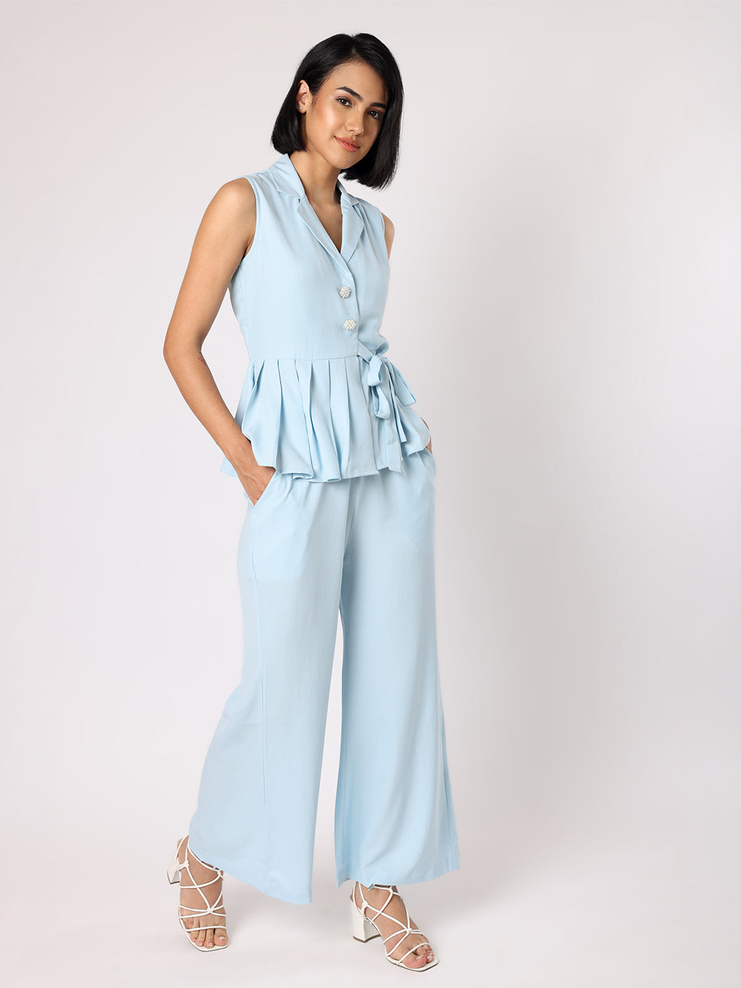 Blanc9 Women Blue Collar Top With One Side Pleating Co-Ordinated With Trousers