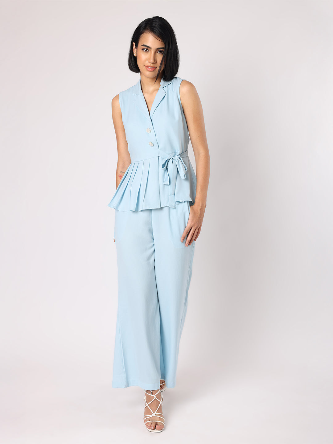 Blanc9 Women Blue Collar Top With One Side Pleating Co-Ordinated With Trousers