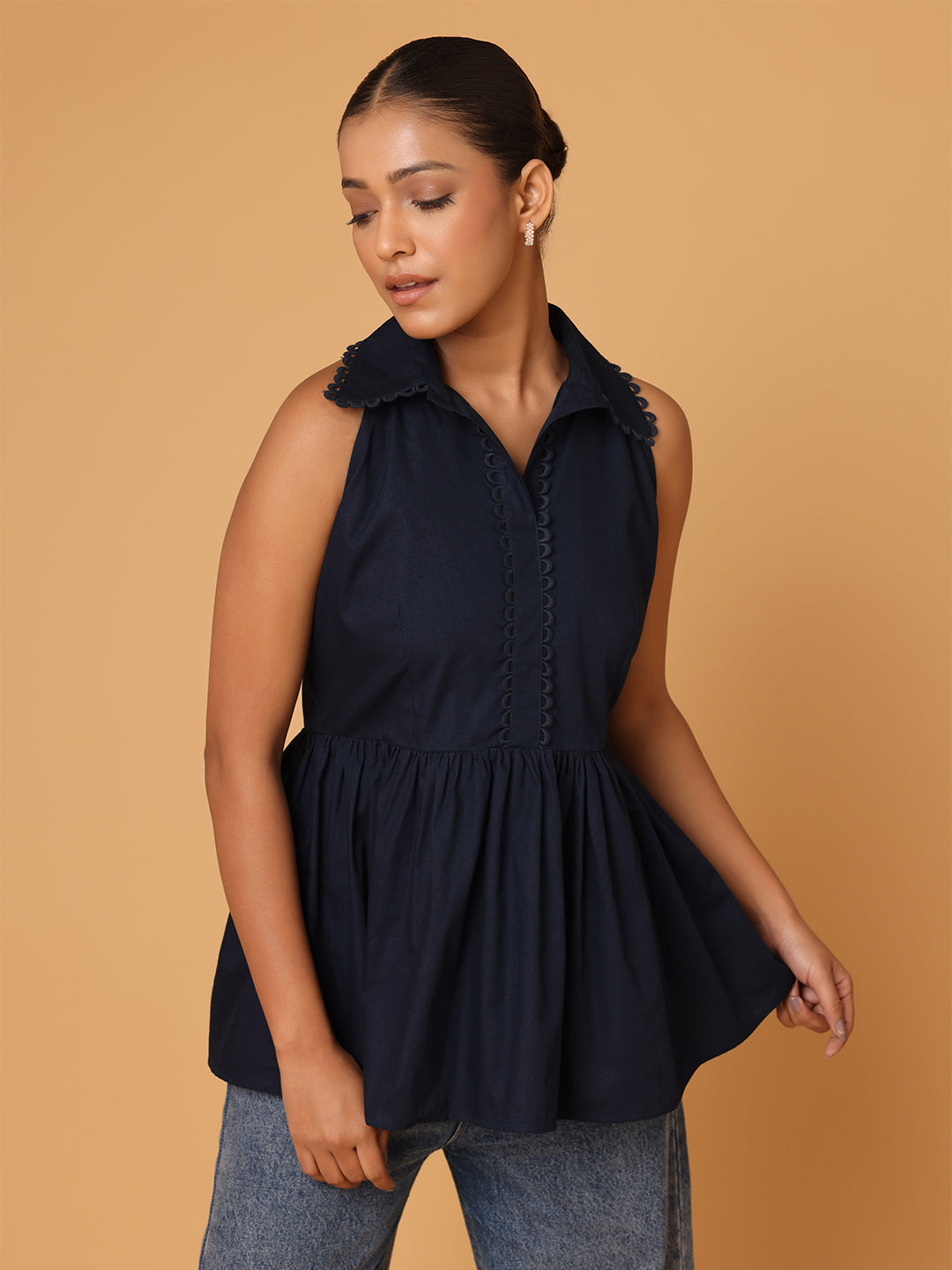 Blue Peplum Shirt With Detail At Collar And Placket