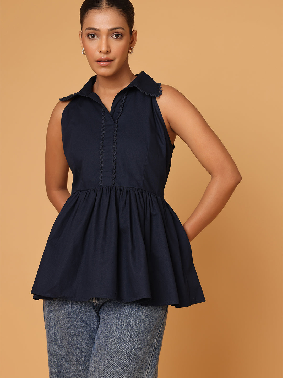 Blue Peplum Shirt With Detail At Collar And Placket