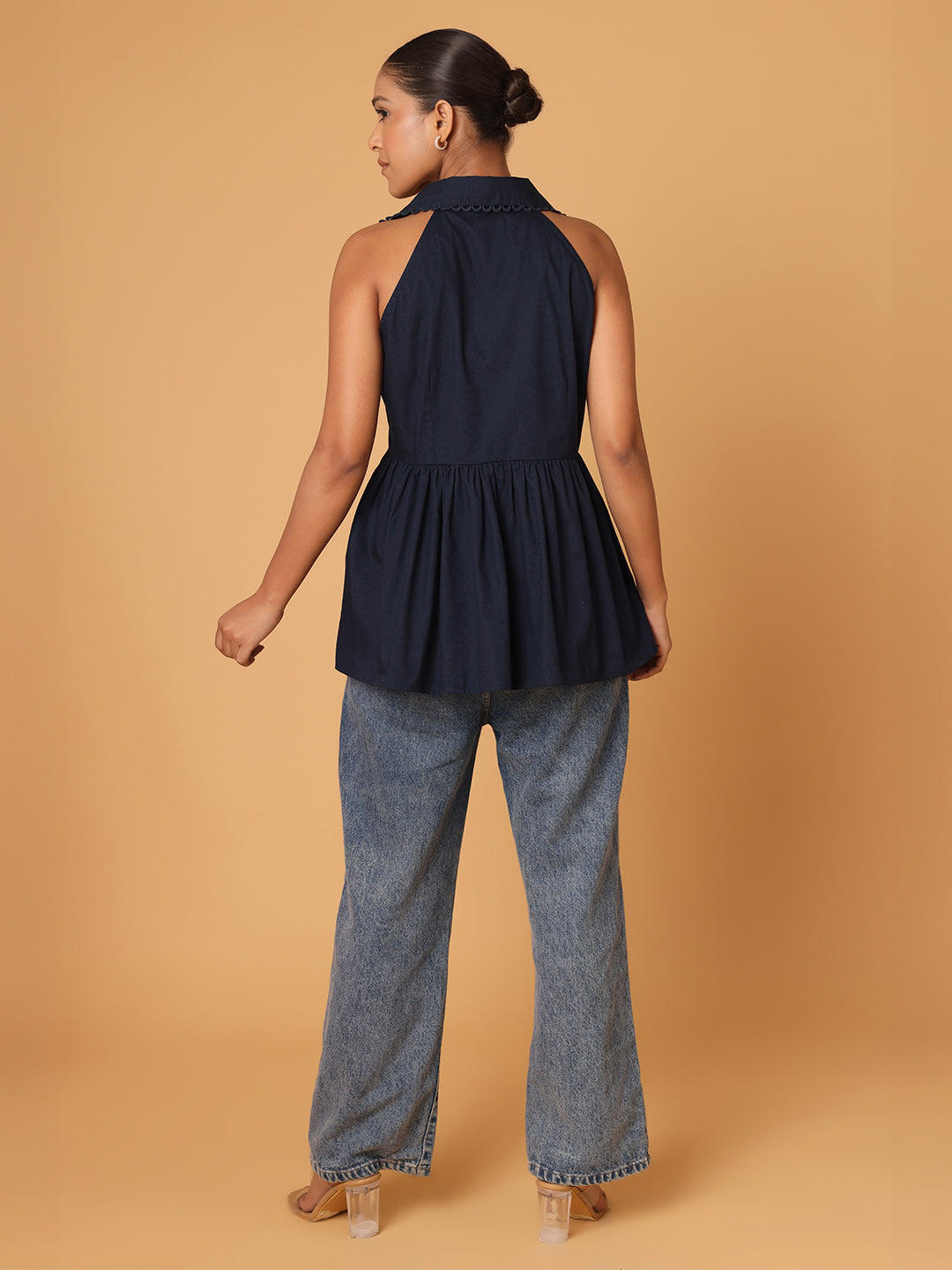 Blue Peplum Shirt With Detail At Collar And Placket