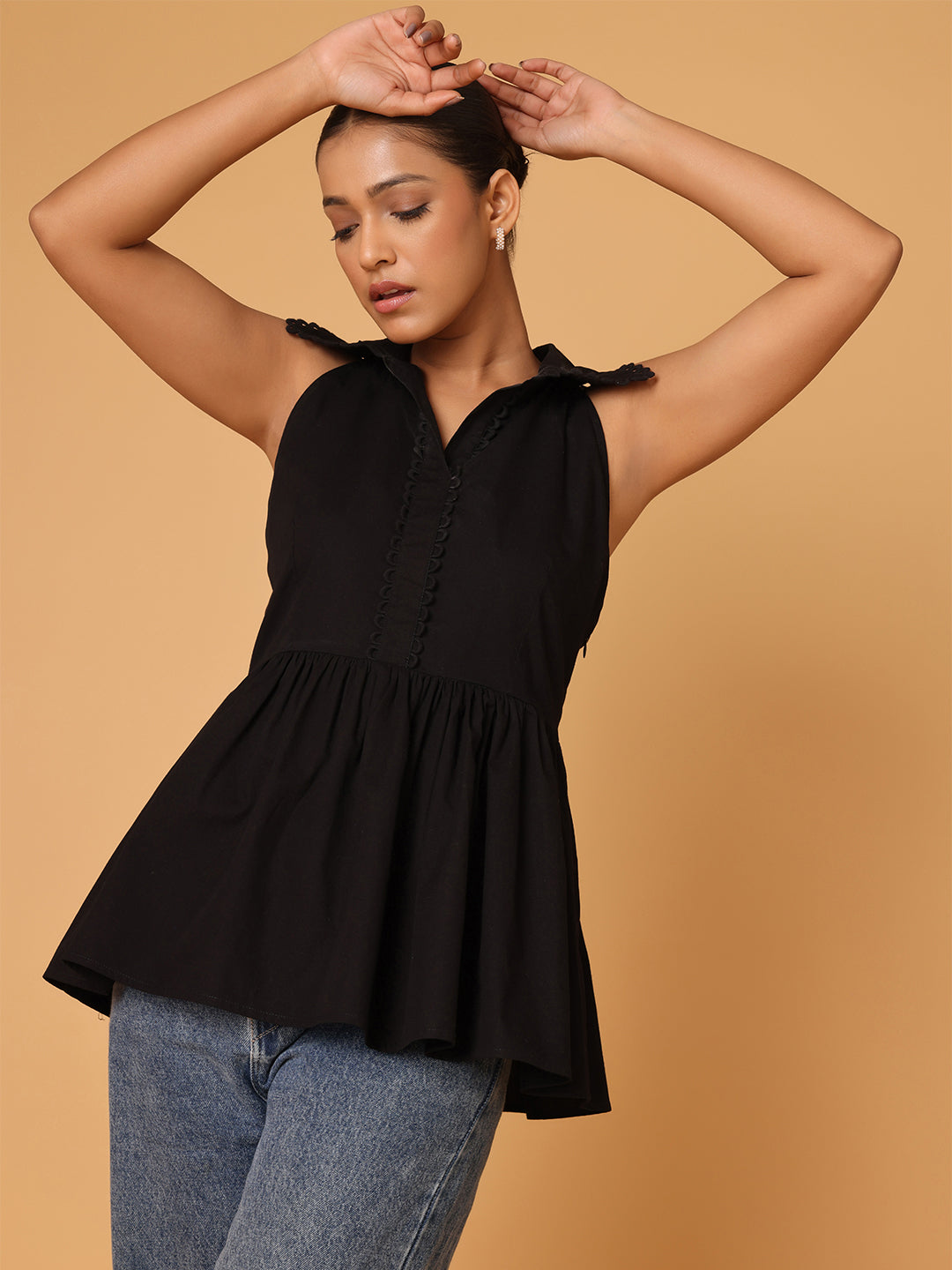 Blue Peplum Shirt With Detail At Collar And Placket