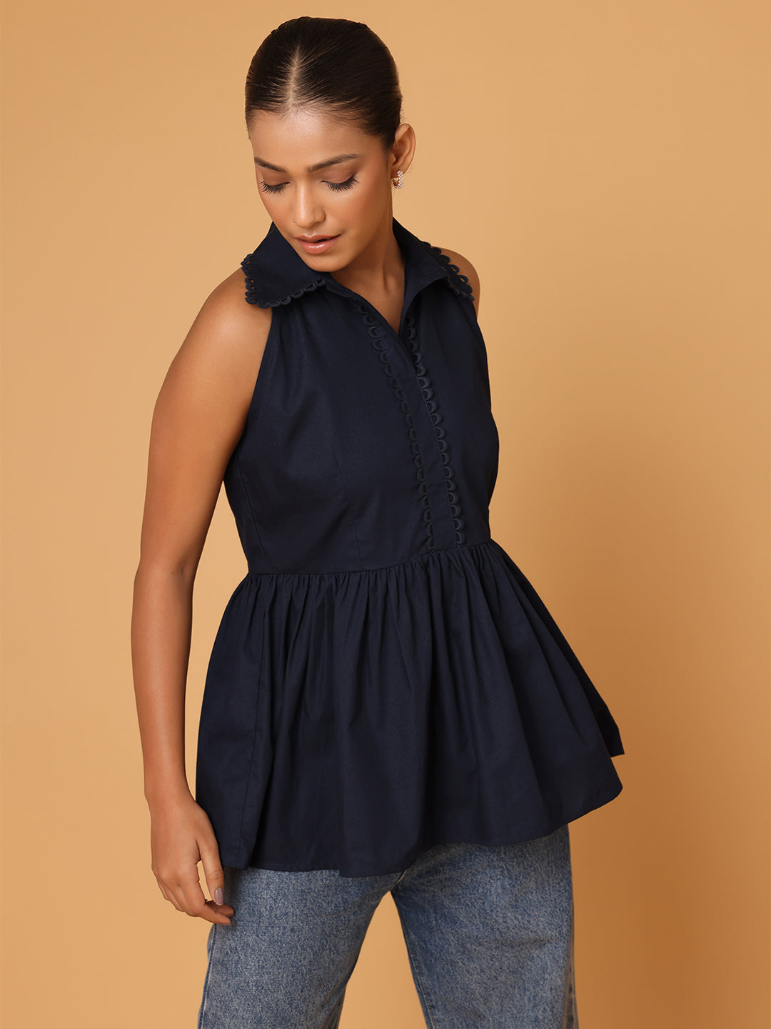 Blue Peplum Shirt With Detail At Collar And Placket