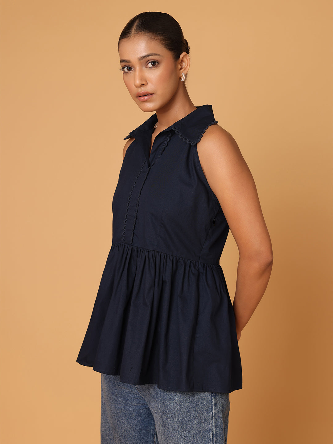 Blue Peplum Shirt With Detail At Collar And Placket