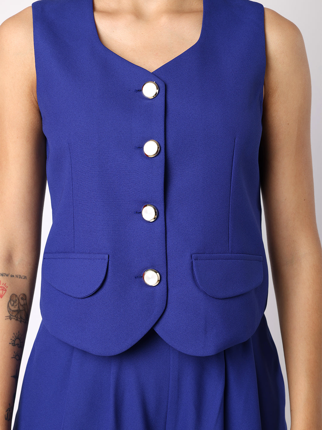 Blanc9 Women Blue Waist Coat With Front Inverted Pleat Trousers