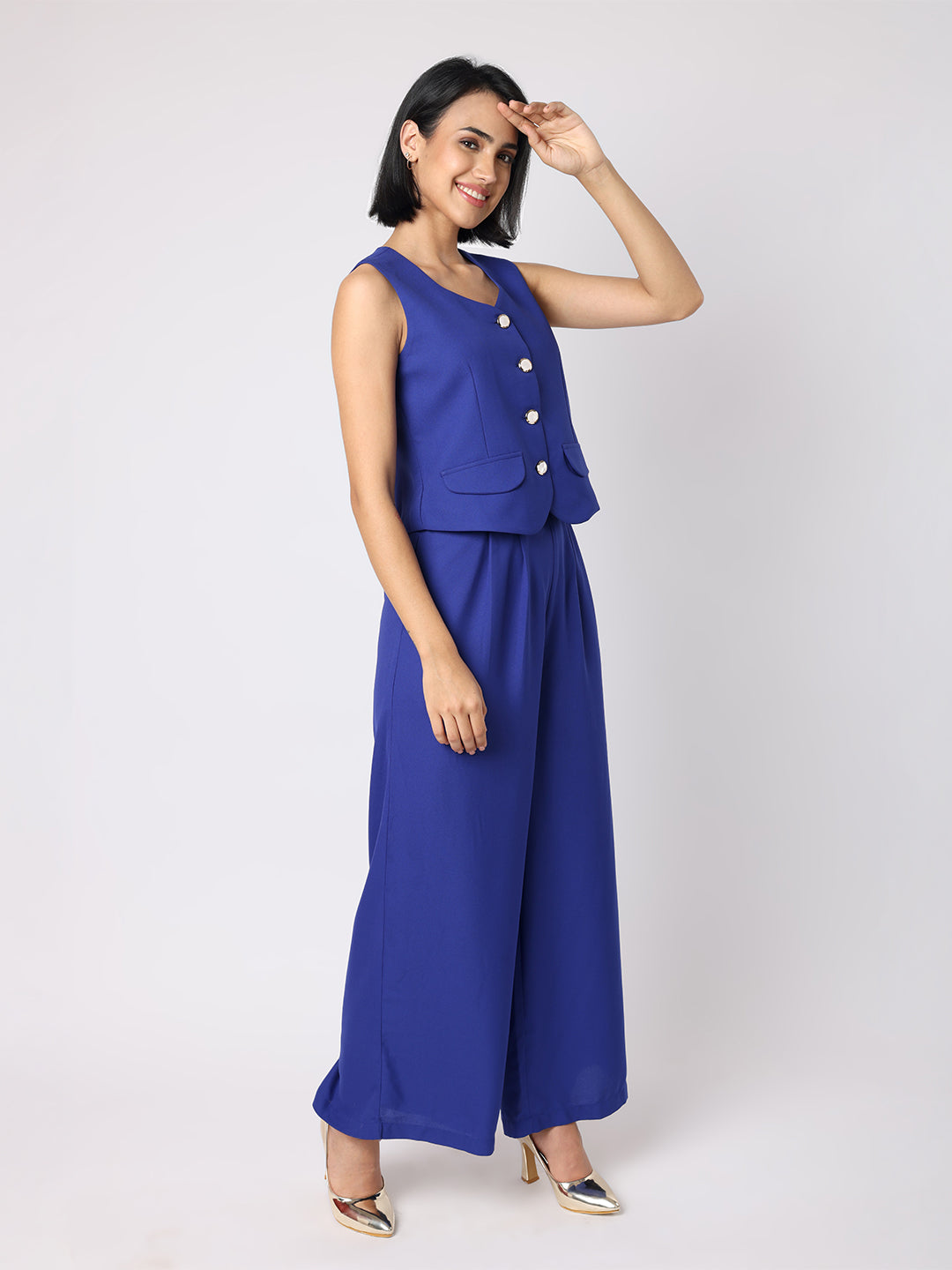 Blanc9 Women Blue Waist Coat With Front Inverted Pleat Trousers