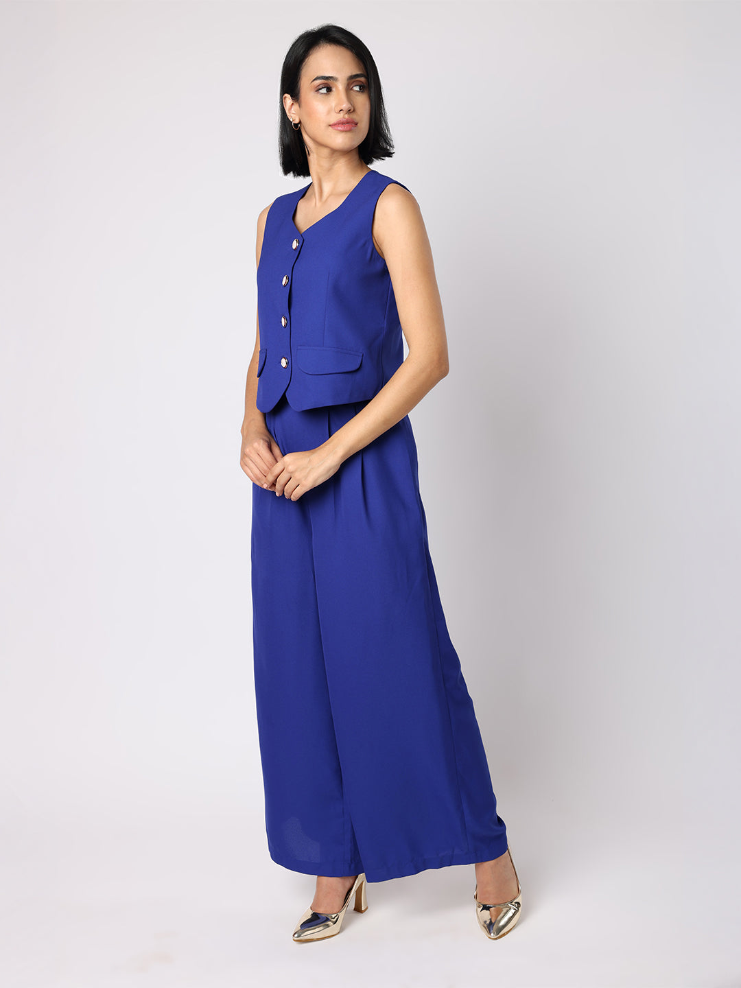 Blanc9 Women Blue Waist Coat With Front Inverted Pleat Trousers