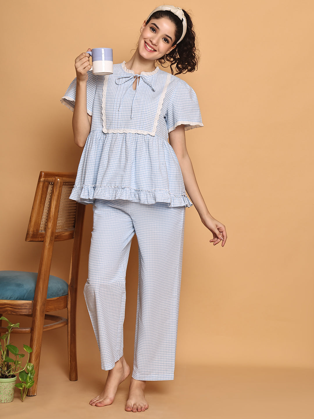 Blue Checkered Peplum Top Nightwear