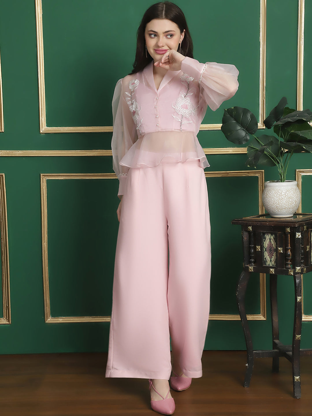 Baby Pink 3 Pc Organza Embellished Top with Cami & Trouser