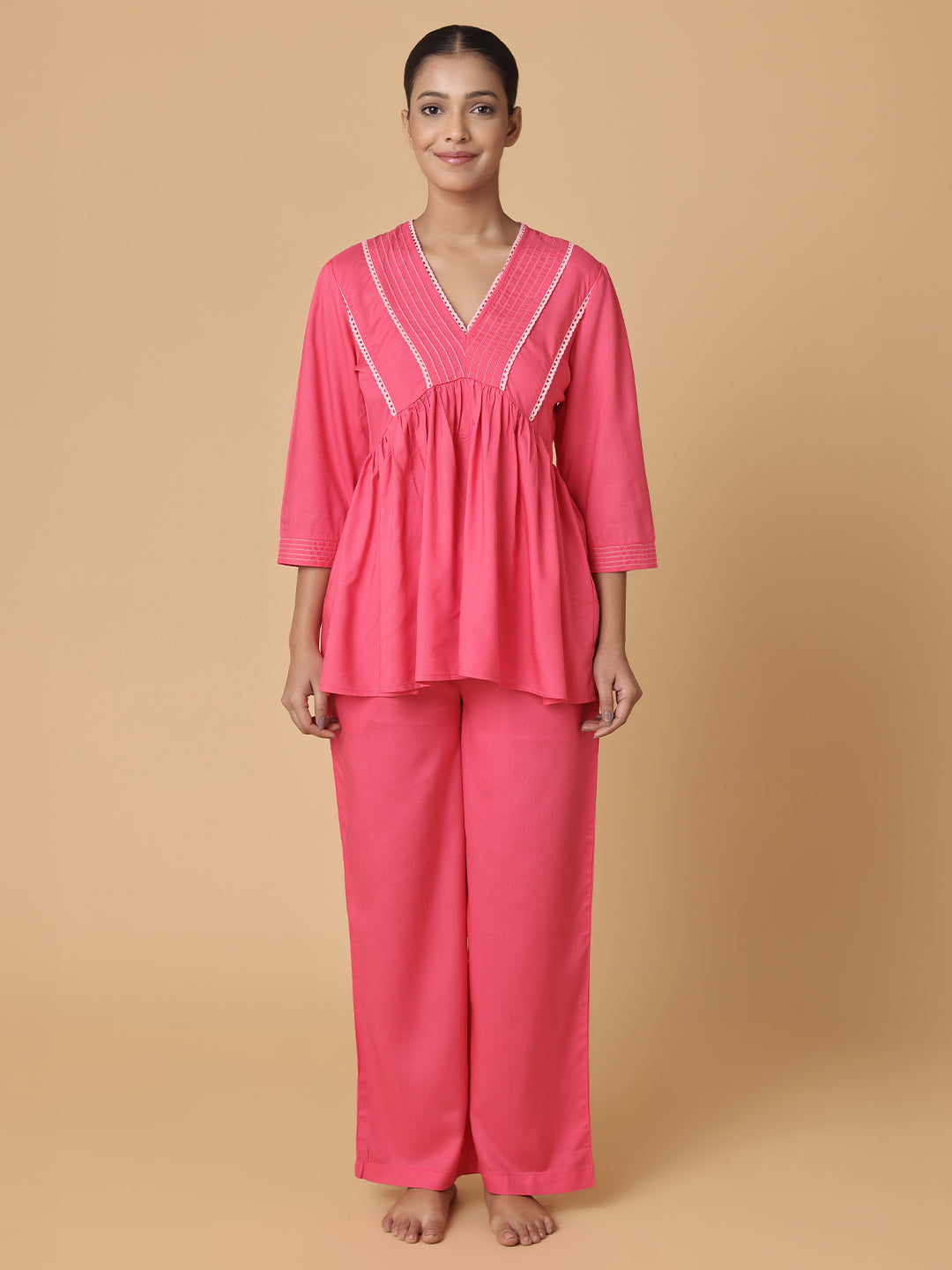 Fuchsia Pink Nightwear With Contrast Pink Lace At Yoke