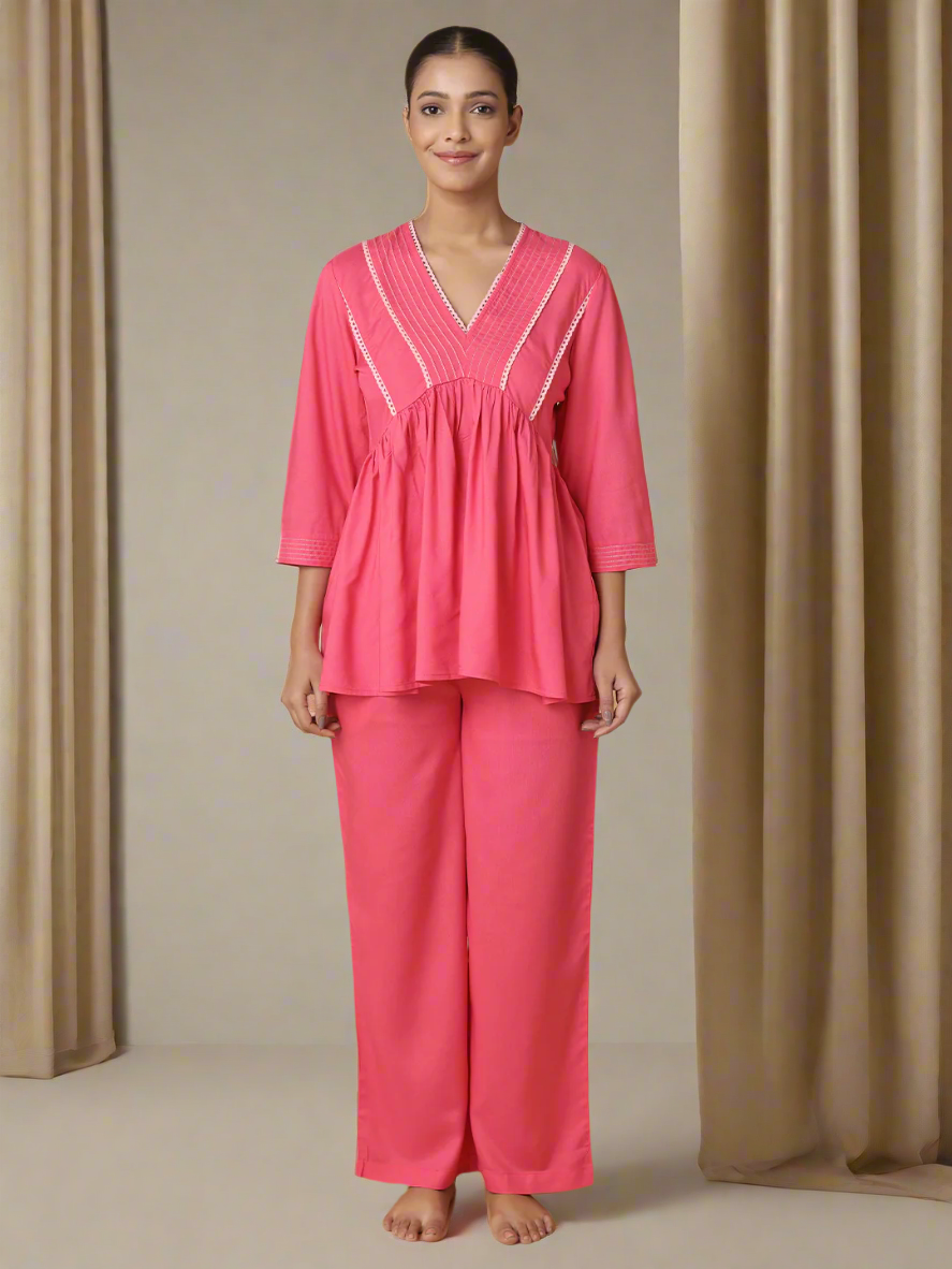 Fuchsia Pink Nightwear With Contrast Pink Lace At Yoke