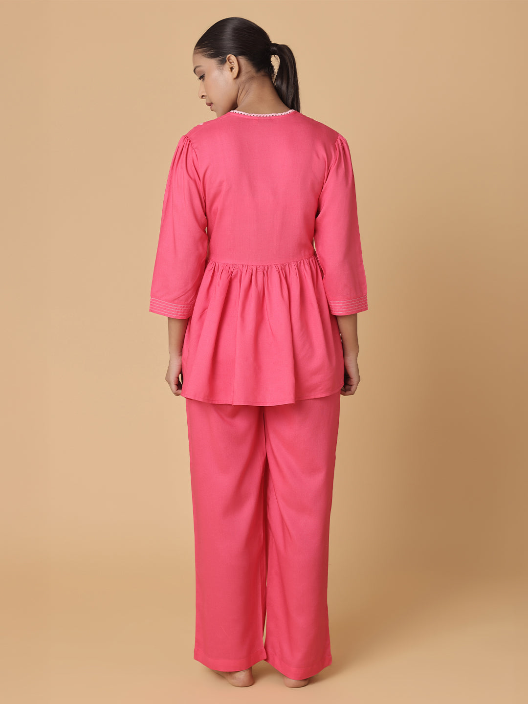 Fuchsia Pink Nightwear With Contrast Pink Lace At Yoke