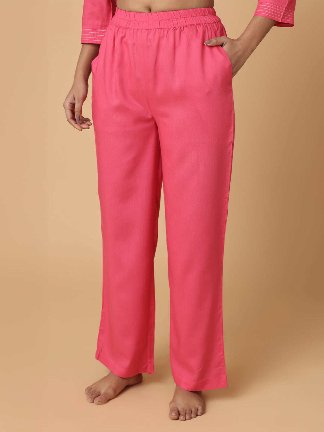 Fuchsia Pink Nightwear With Contrast Pink Lace At Yoke