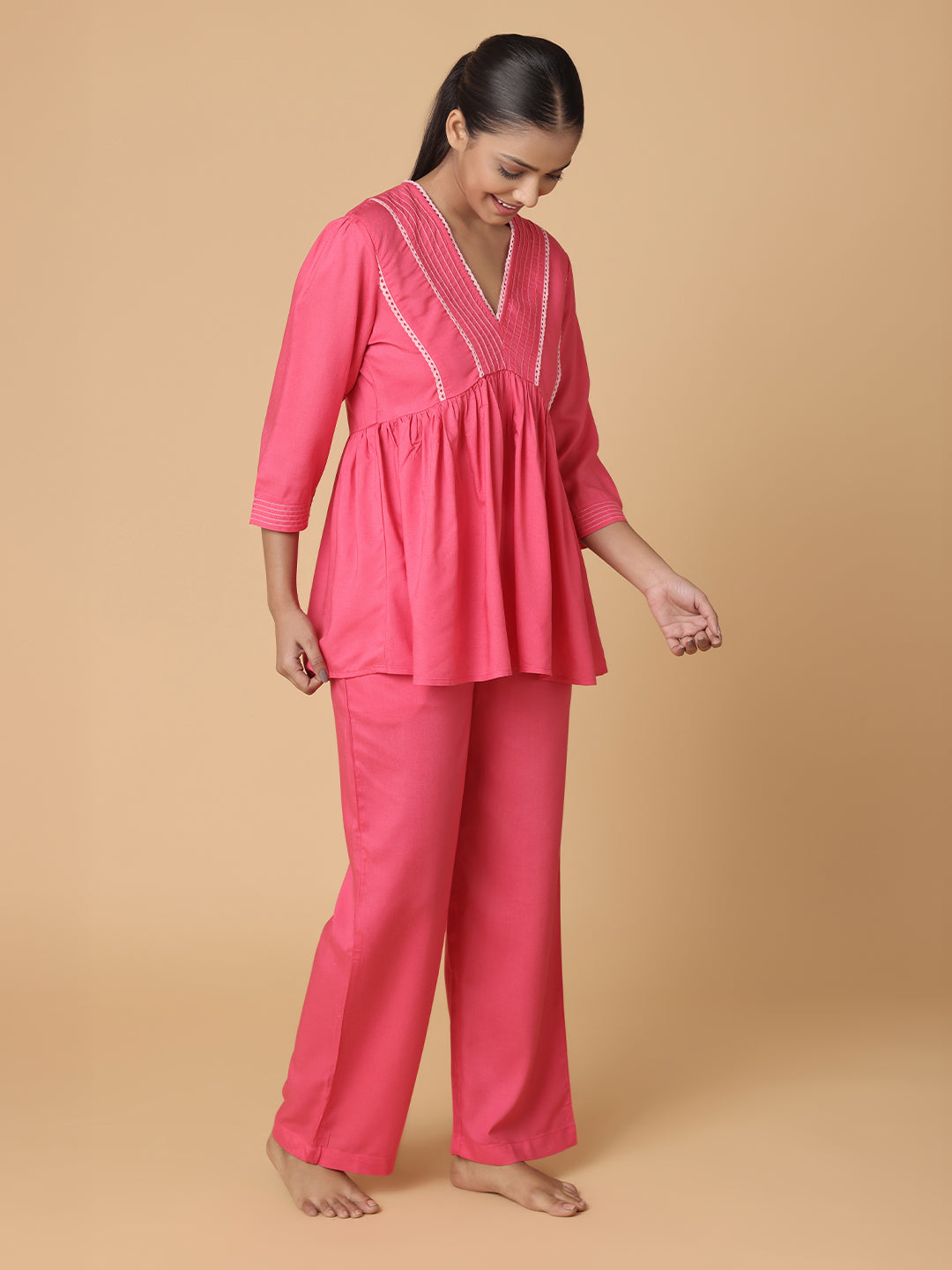 Fuchsia Pink Nightwear With Contrast Pink Lace At Yoke