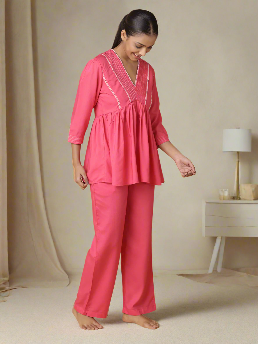 Fuchsia Pink Nightwear With Contrast Pink Lace At Yoke