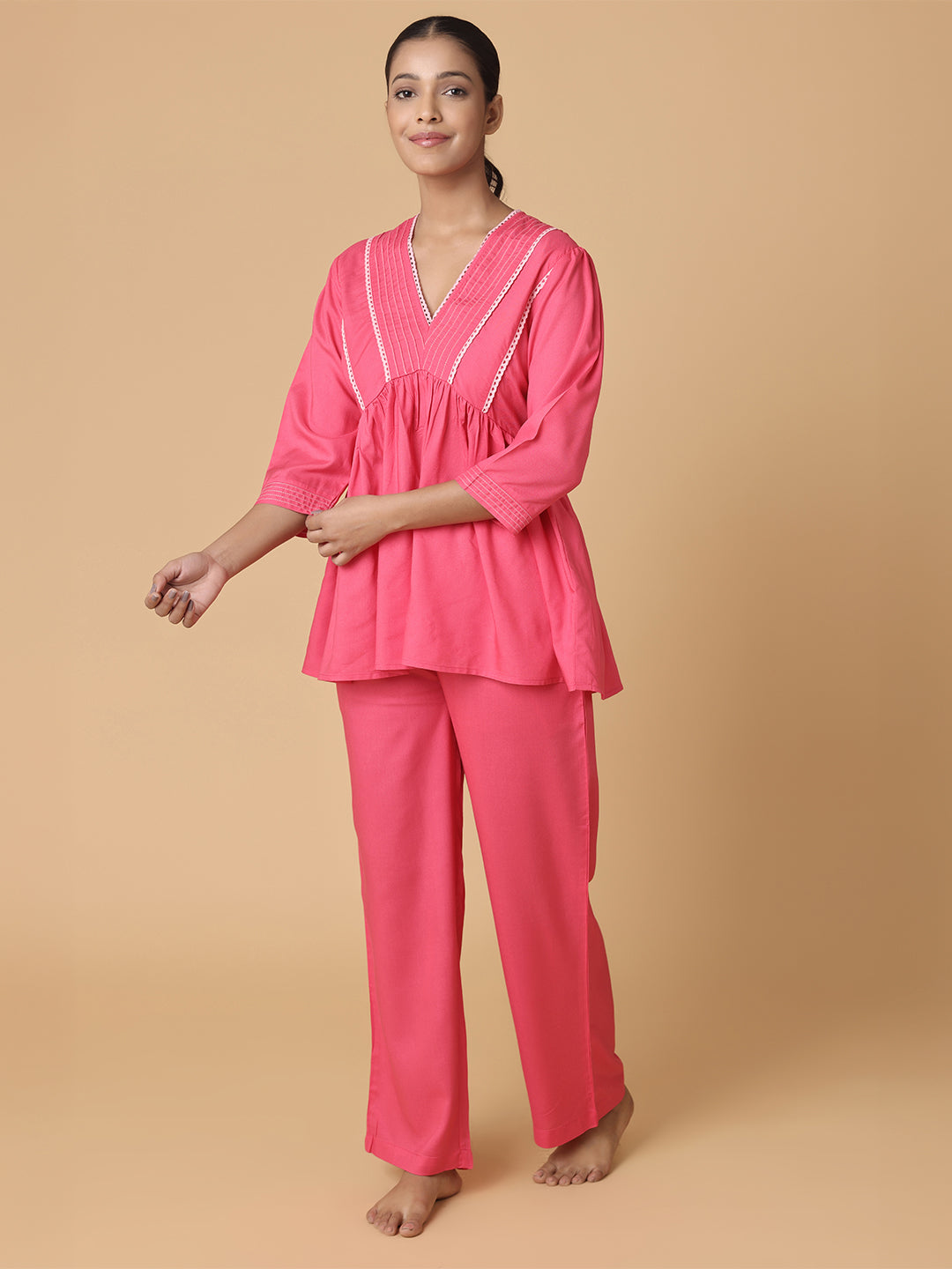 Fuchsia Pink Nightwear With Contrast Pink Lace At Yoke