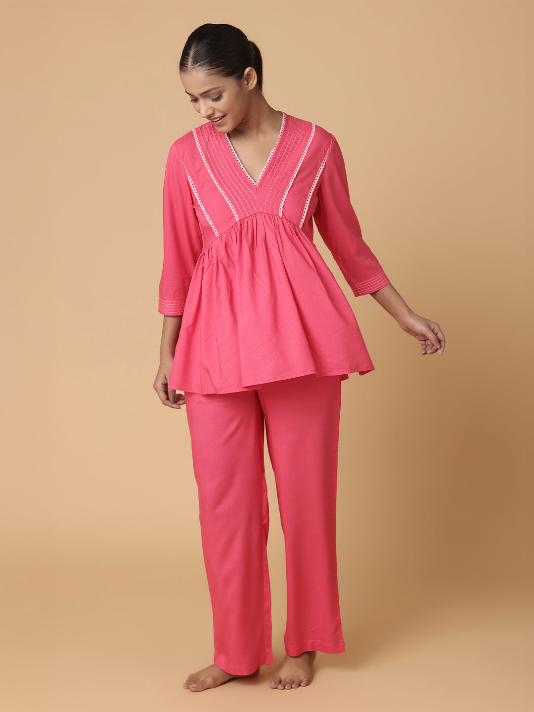 Fuchsia Pink Nightwear With Contrast Pink Lace At Yoke