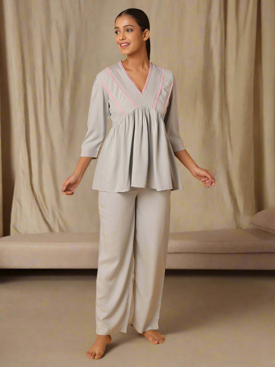 Grey Nightwear With Contrast Pink Lace At Yoke