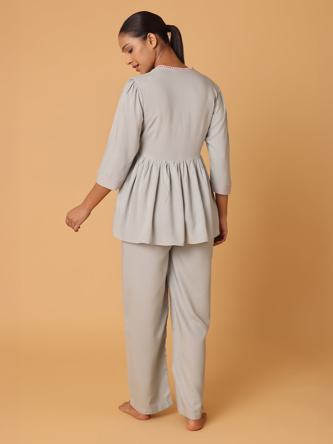 Grey Nightwear With Contrast Pink Lace At Yoke
