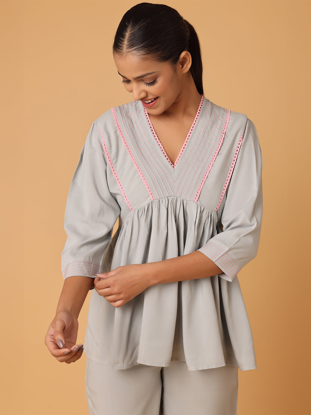 Grey Nightwear With Contrast Pink Lace At Yoke