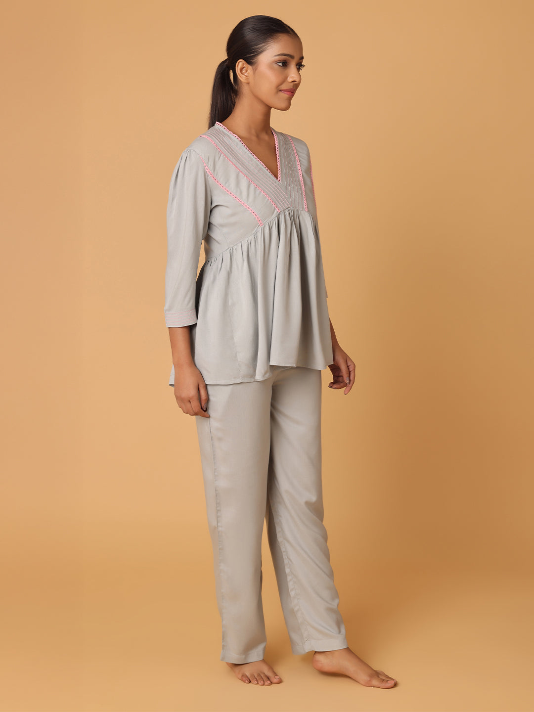 Grey Nightwear With Contrast Pink Lace At Yoke