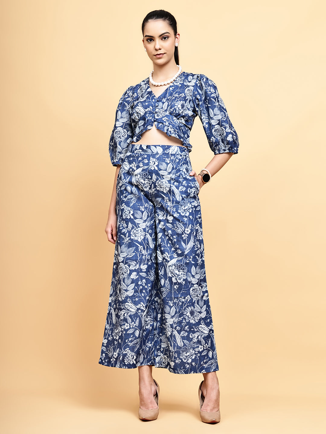 Floral Curved Hem Top with Trousers