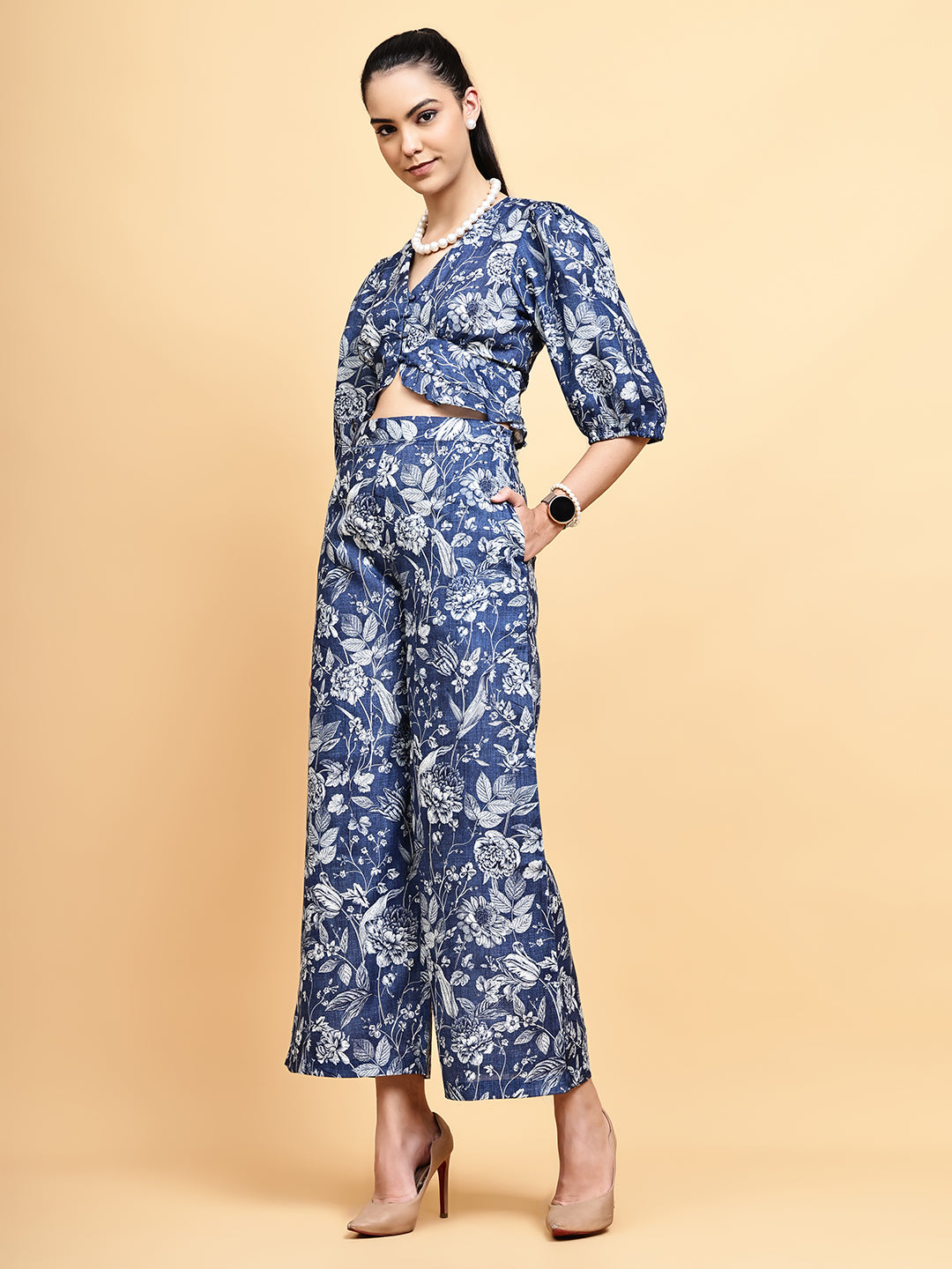 Floral Curved Hem Top with Trousers