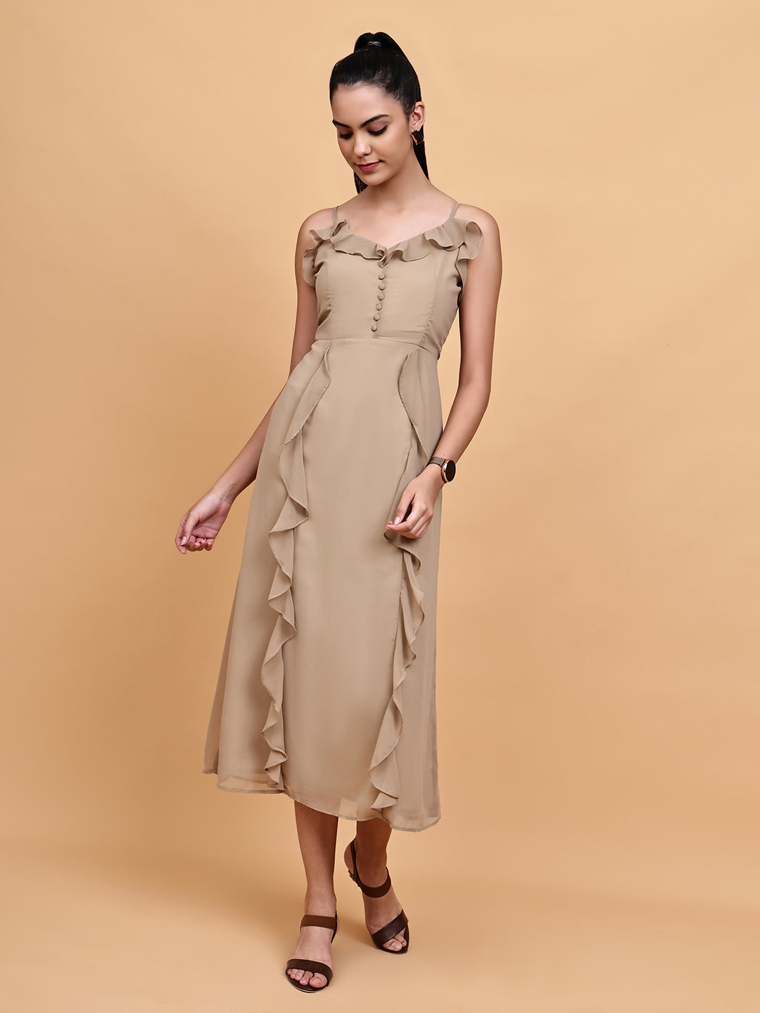 Beige Slip dress with frill