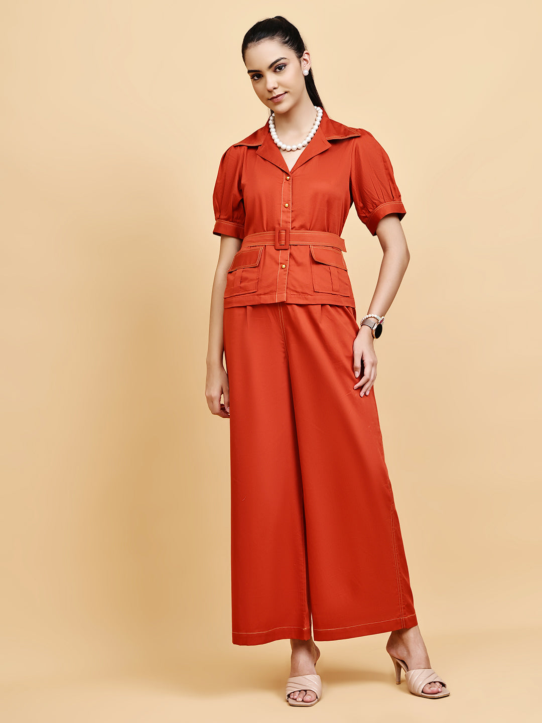 Rust Contrast thread detail co-ord set with belt