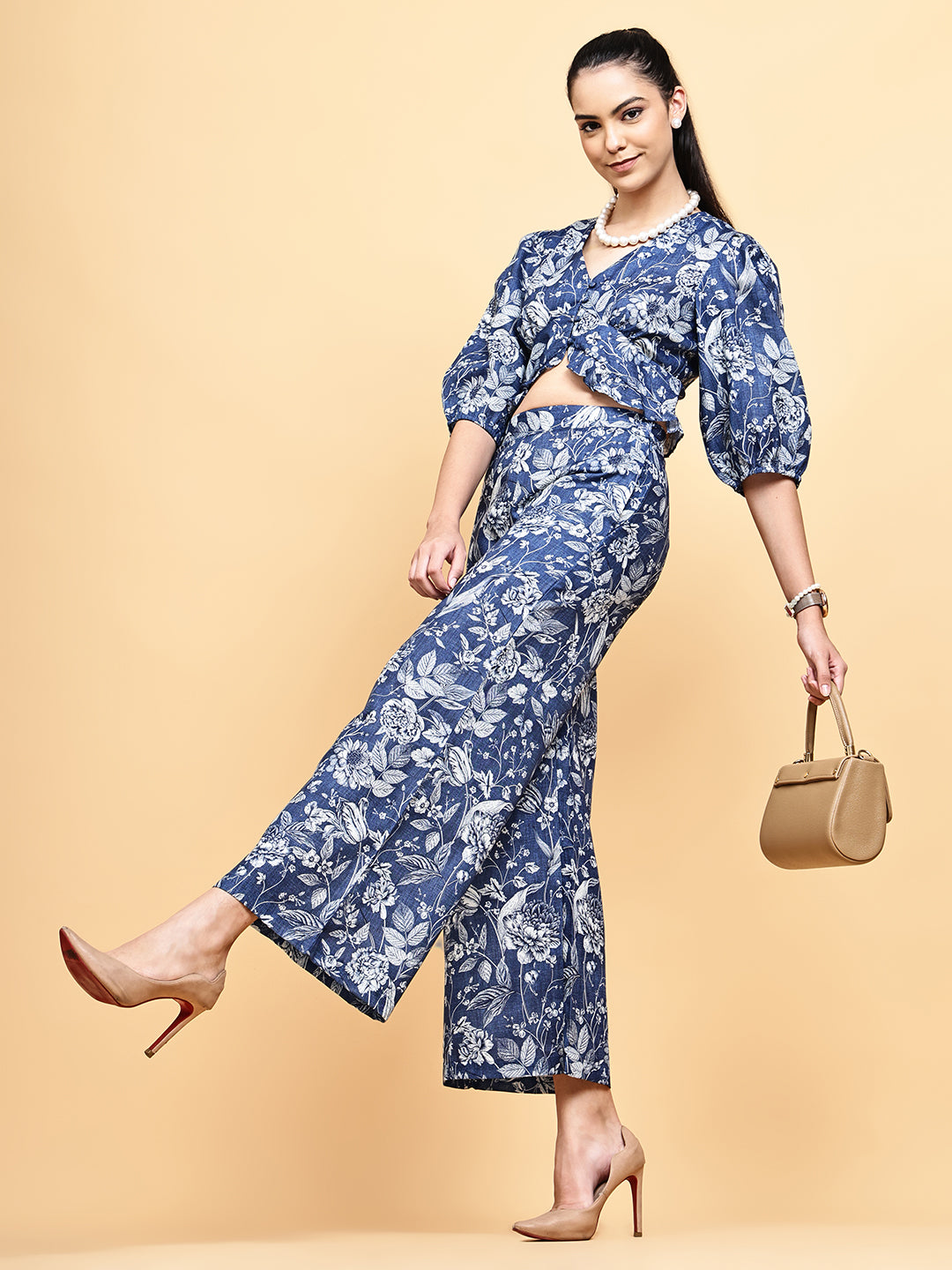 Floral Curved Hem Top with Trousers