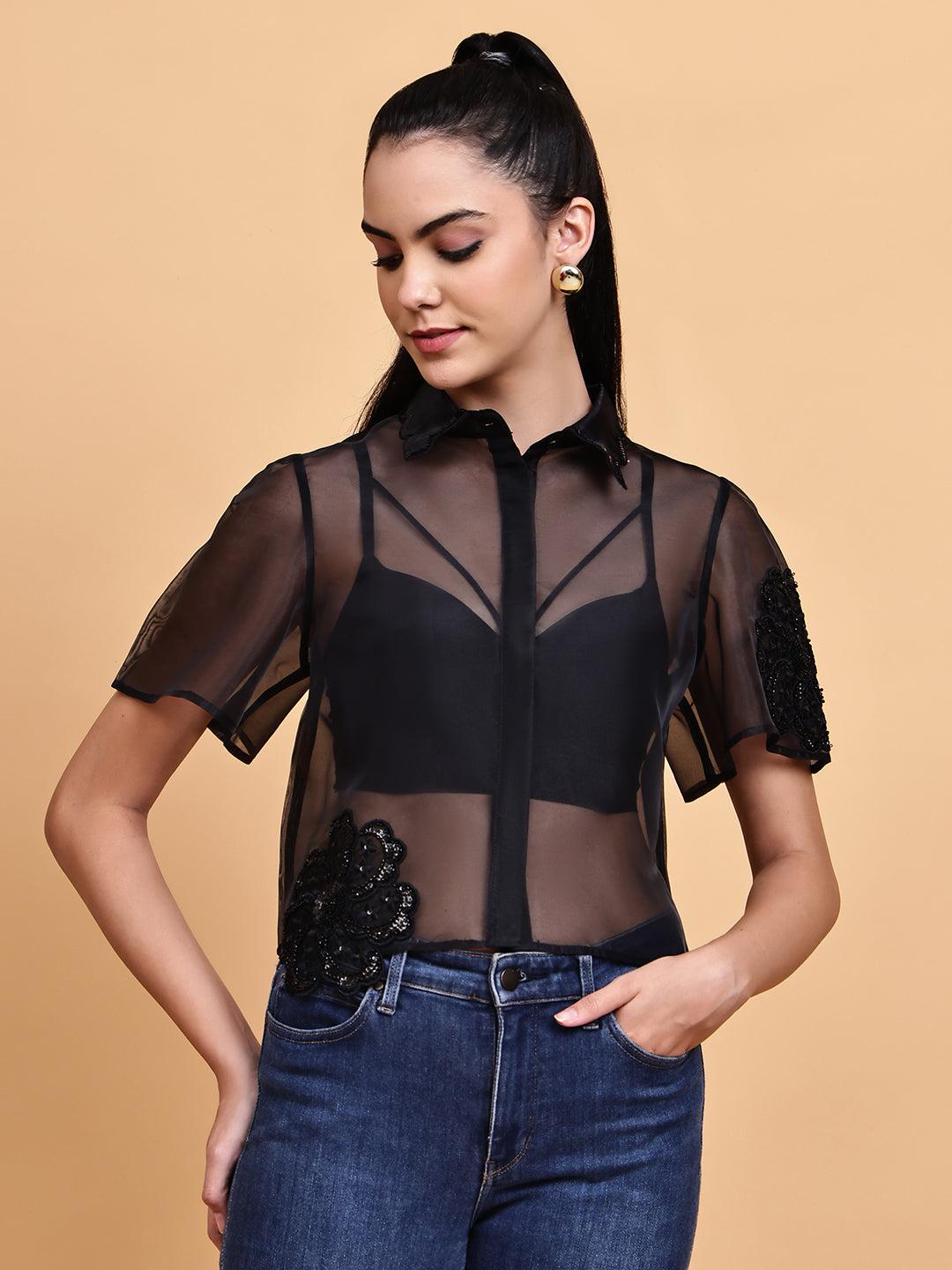 Black Organza Floral Shirt