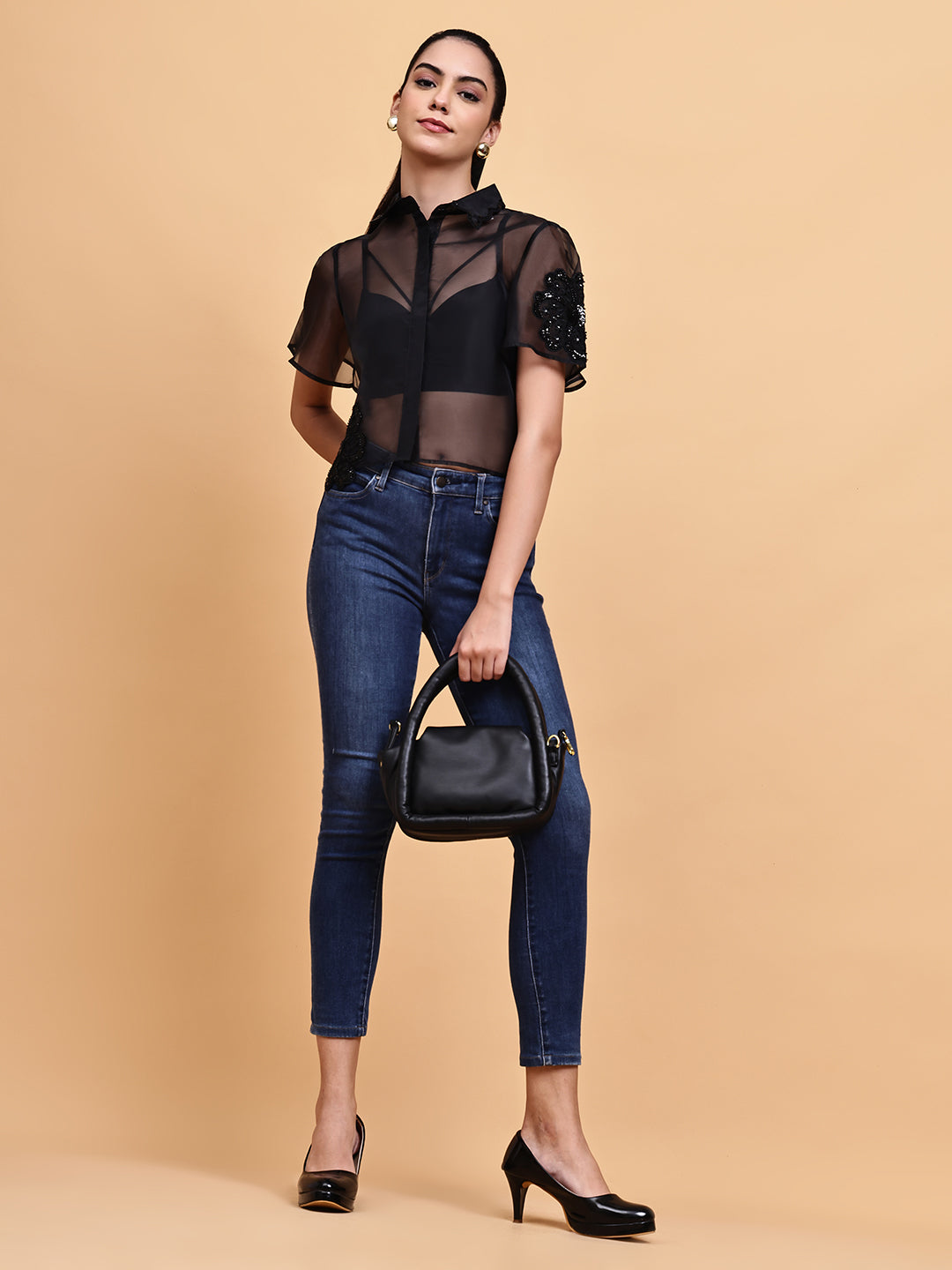 Black Organza Floral Shirt