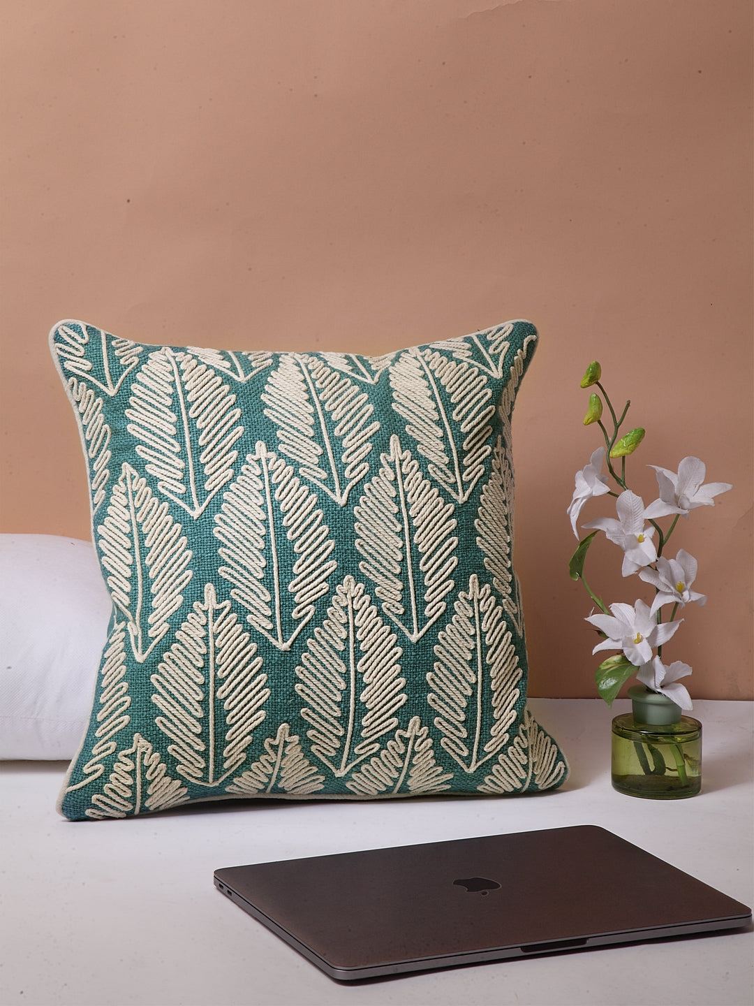 Blue Fern Embroidered Cushion Cover
